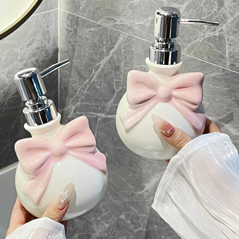 Luxury Ceramic Soap Dispenser Set – Refillable Bathroom Liquid Bottle (Bow Design)