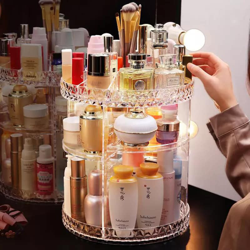 360° Rotating Acrylic Makeup Organizer – Large Capacity Adjustable Vanity Storage Box