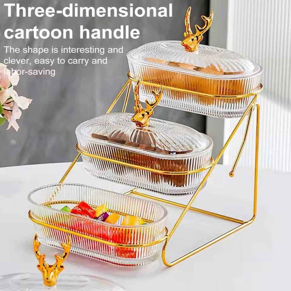 Elegant 3-Tier Multi-Layer Fruit Plate with Elk Lid – Stylish Dried Fruit & Nut Display Tray
