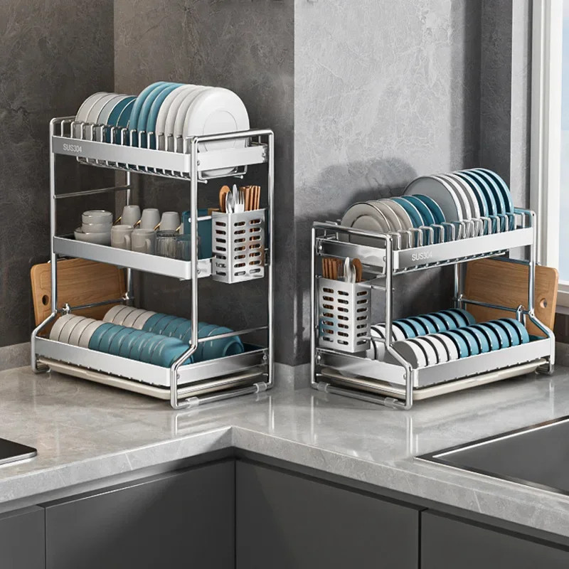 2-Tier & 3-Tier 304 Stainless Steel Dish Rack – Kitchen Organizer with Drain Tray