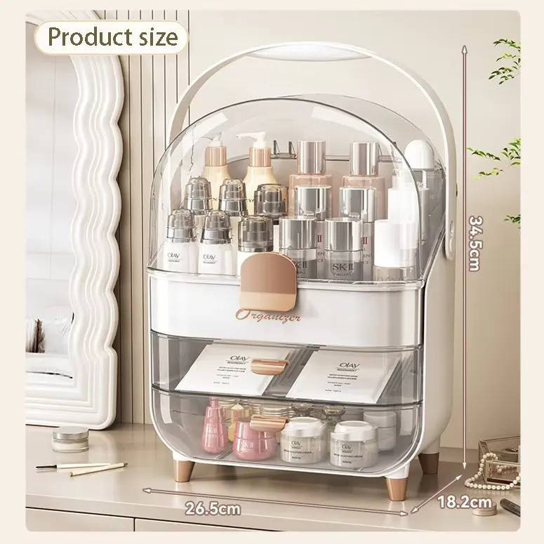 Portable Acrylic Makeup Organizer Box with Handle – Dustproof & Waterproof Vanity Storage