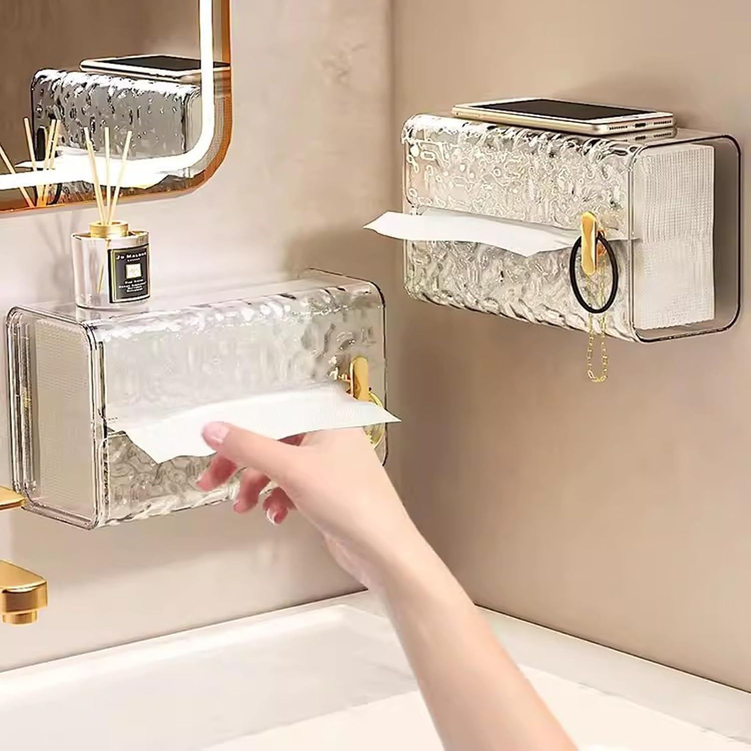 Wall Mounted Glacier Style Transparent Tissue Holder – Bathroom & Kitchen Easy Pull Dispenser