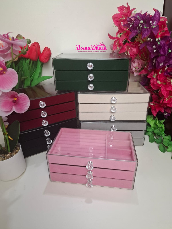 3 Layer Acrylic Velvet Jewelry Organizer Box with Ring Holder